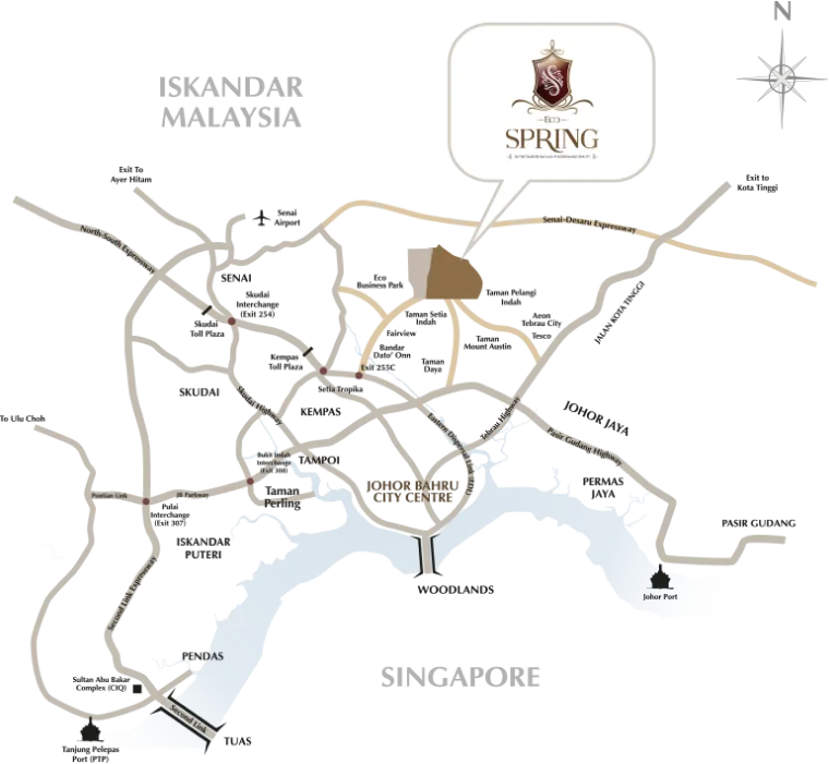 EcoWorld's official Eco Spring location map showing the EDL Expressway, Tebrau Highway and surrounding Johor Bahru amenities