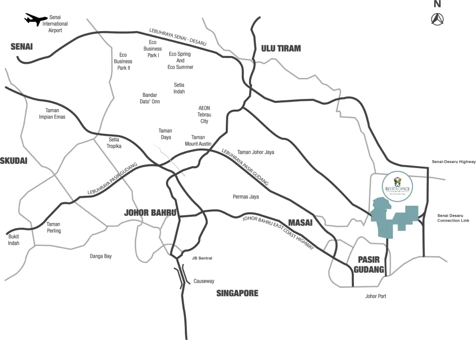 Eco Tropics location map showing road access from Kota Masai to Pasir Gudang and the Senai–Desaru Expressway