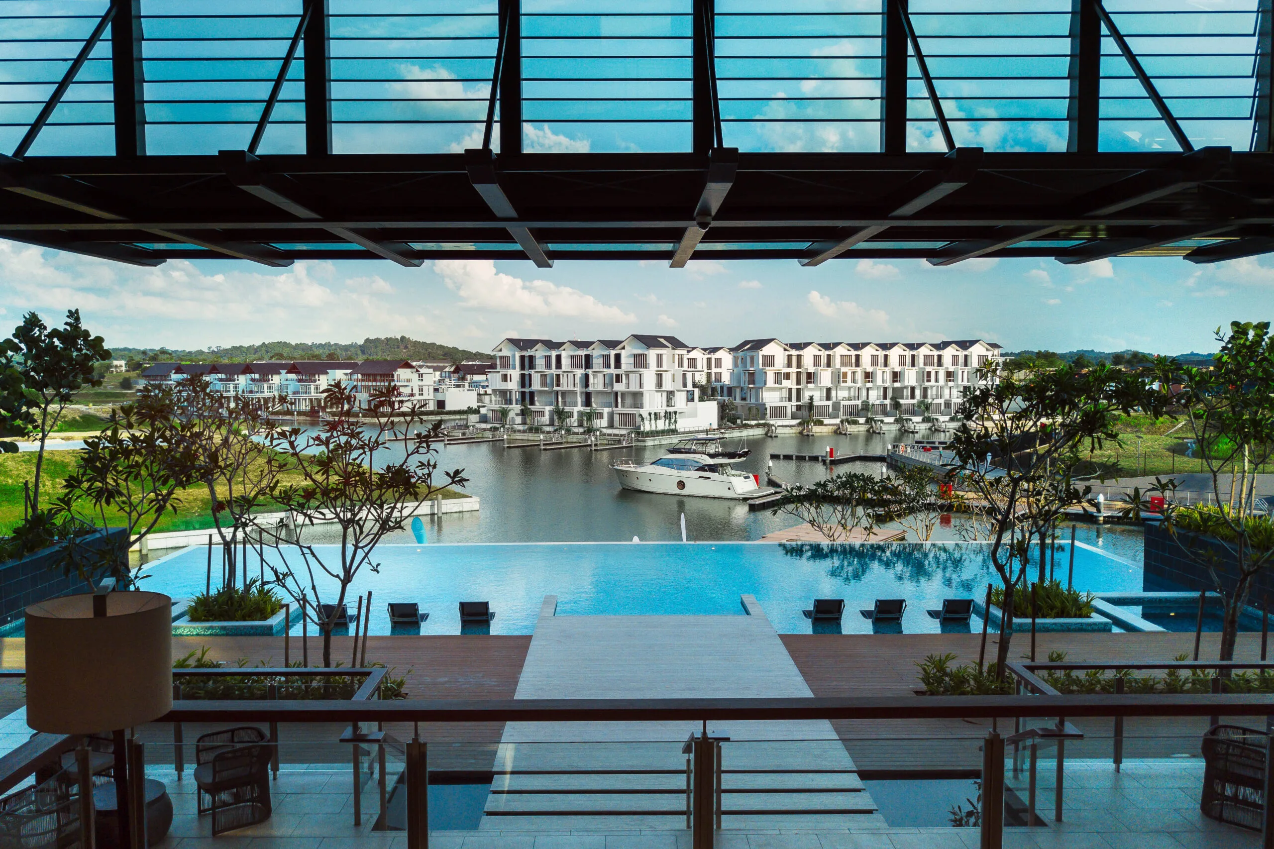 Emerald Bay Marina Club looking out over the private canal, Puteri Harbour, Iskandar Puteri, Johor