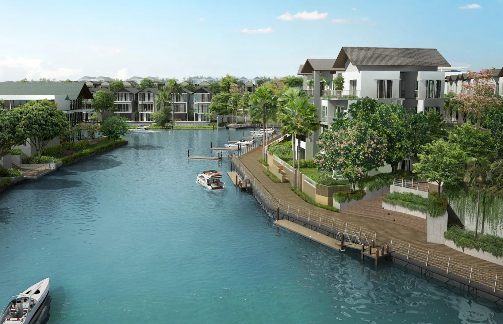 Private waterfront terrace and lap pool at an Emerald Bay home, Puteri Harbour, Iskandar Puteri