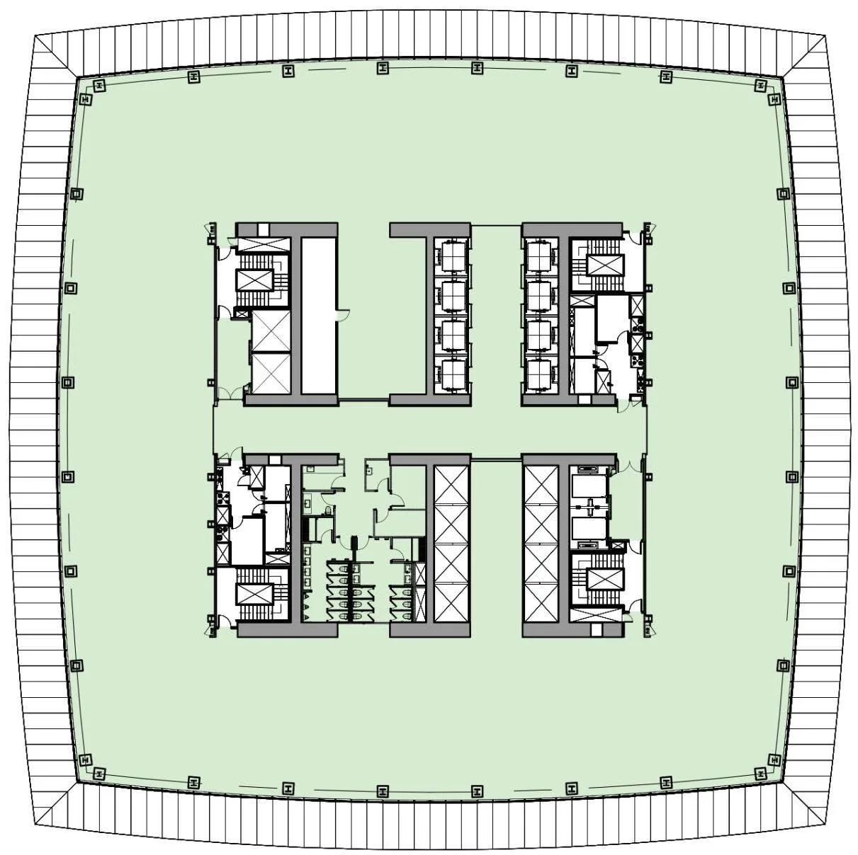吉隆坡 TRX Mulia 集团 EXCHANGE 106 高区楼板平面图，26,843 至 29,034 平方尺