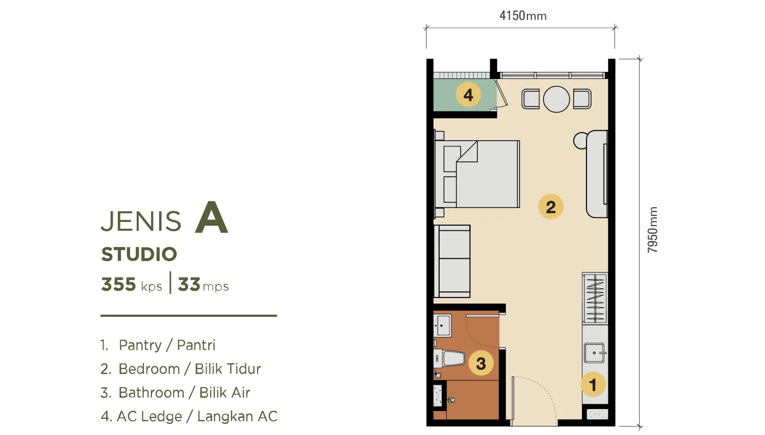 Jenis A unit plan, built-up area not printed on the published drawing at Erinaz Suites @ Kubang Kerian by EXSIM, Kota Bharu, Kelantan