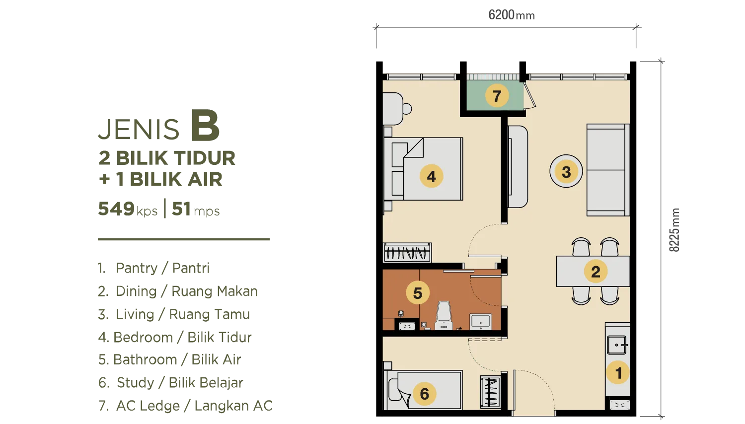 Jenis B unit plan, built-up area not printed on the published drawing at Erinaz Suites @ Kubang Kerian by EXSIM, Kota Bharu, Kelantan