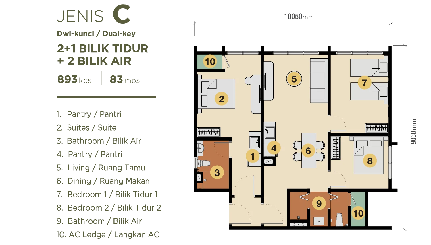 Jenis C unit plan, built-up area not printed on the published drawing at Erinaz Suites @ Kubang Kerian by EXSIM, Kota Bharu, Kelantan