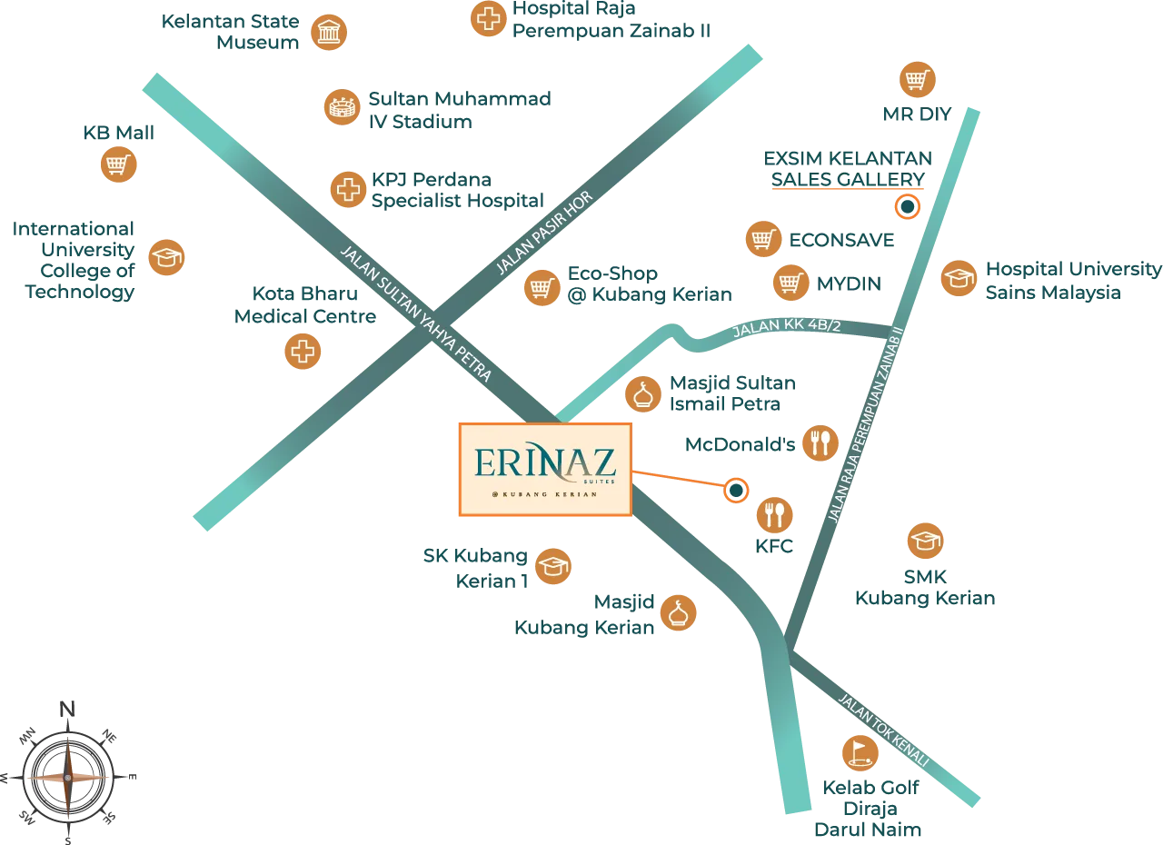 Road location diagram for Bandar Baru Kubang Kerian at Erinaz Suites @ Kubang Kerian by EXSIM, Kota Bharu, Kelantan