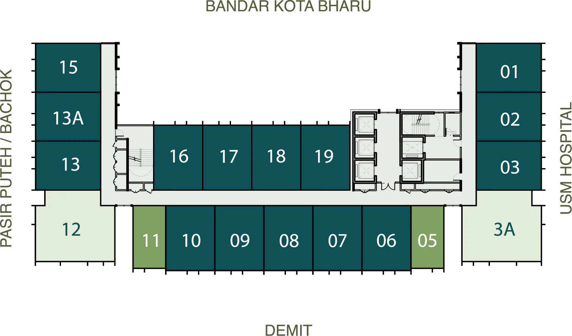 Typical floor plate showing the three layout types at Erinaz Suites @ Kubang Kerian by EXSIM, Kota Bharu, Kelantan