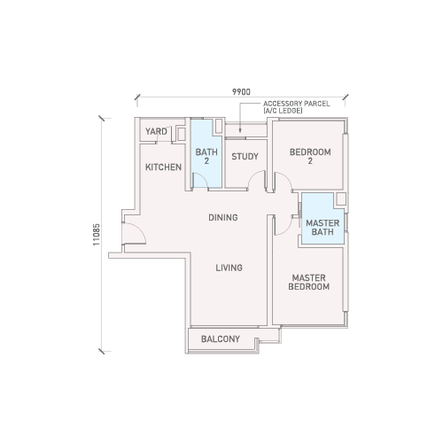 Florian Residences Type B14 floor plan — 1,029 sq ft two-plus-one bedroom in Towers 4 and 6, Danga Bay, Johor Bahru