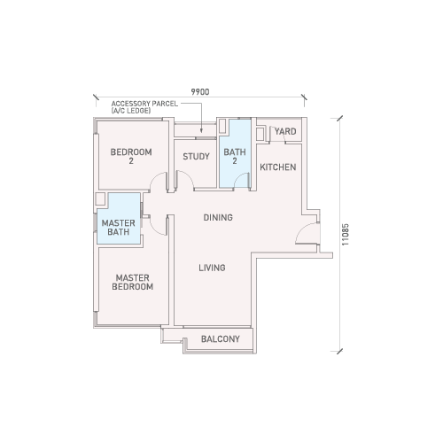 Florian Residences Type B14(M) mirrored floor plan — 1,029 sq ft two-plus-one bedroom in Towers 4 and 6, Danga Bay, Johor Bahru