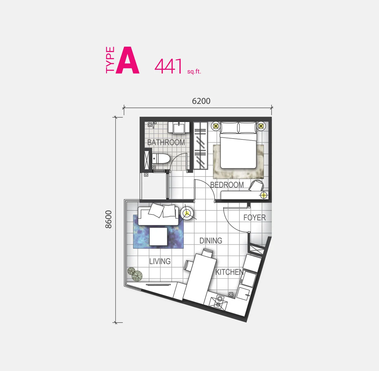 Type A floor plan at GEM Residences @ Prai by Belleview Group, Jalan Baru, Prai, Seberang Perai, Penang