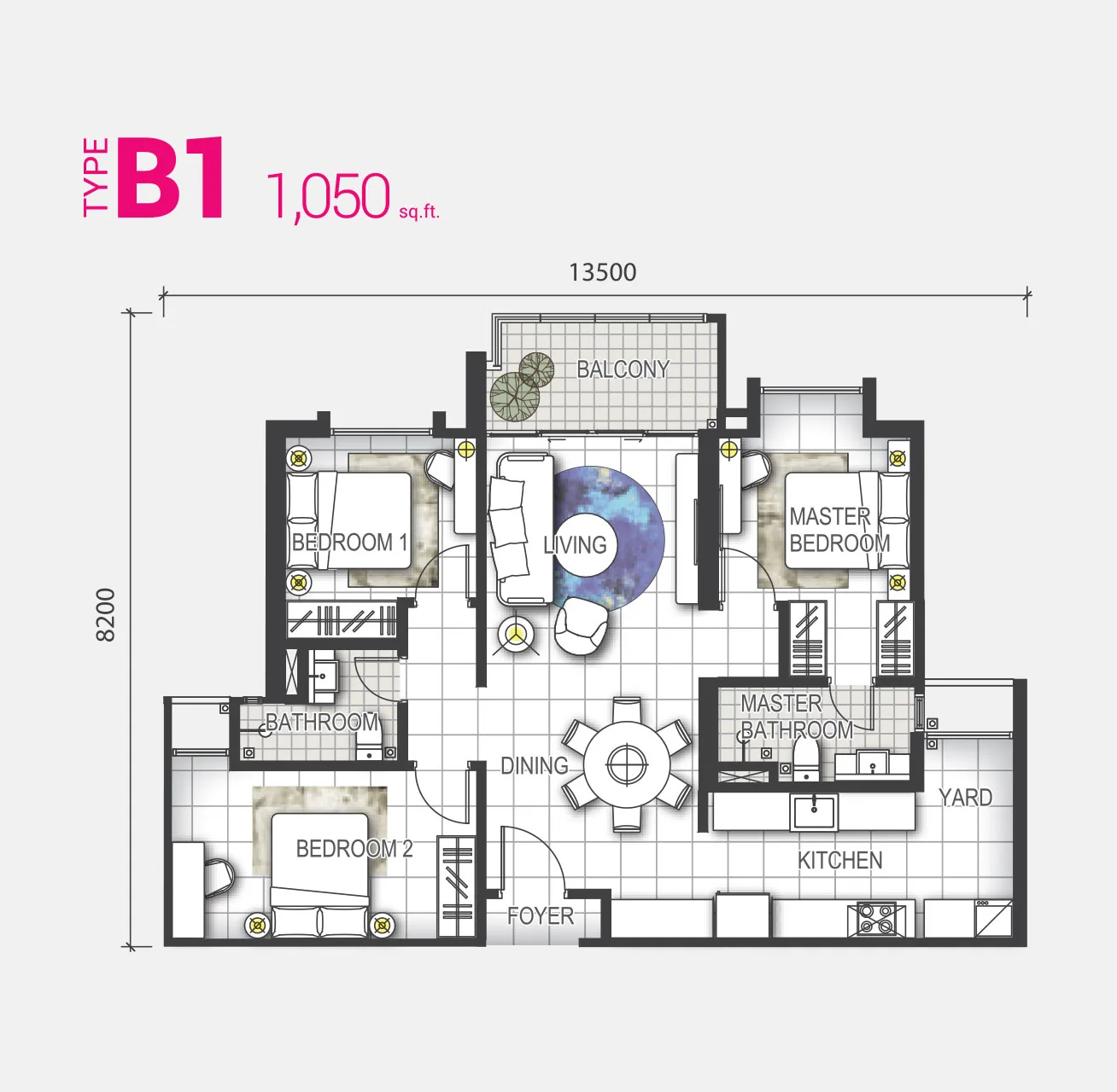 Type B1 floor plan 1050 sq ft at GEM Residences @ Prai by Belleview Group, Jalan Baru, Prai, Seberang Perai, Penang