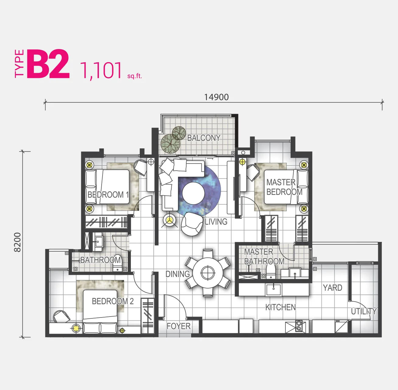 Type B2 floor plan at GEM Residences @ Prai by Belleview Group, Jalan Baru, Prai, Seberang Perai, Penang