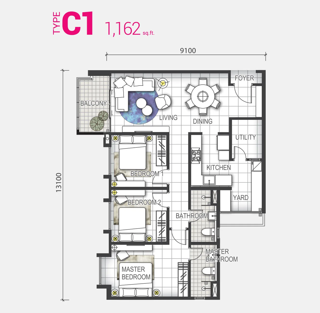 Type C1 floor plan 1162 sq ft at GEM Residences @ Prai by Belleview Group, Jalan Baru, Prai, Seberang Perai, Penang