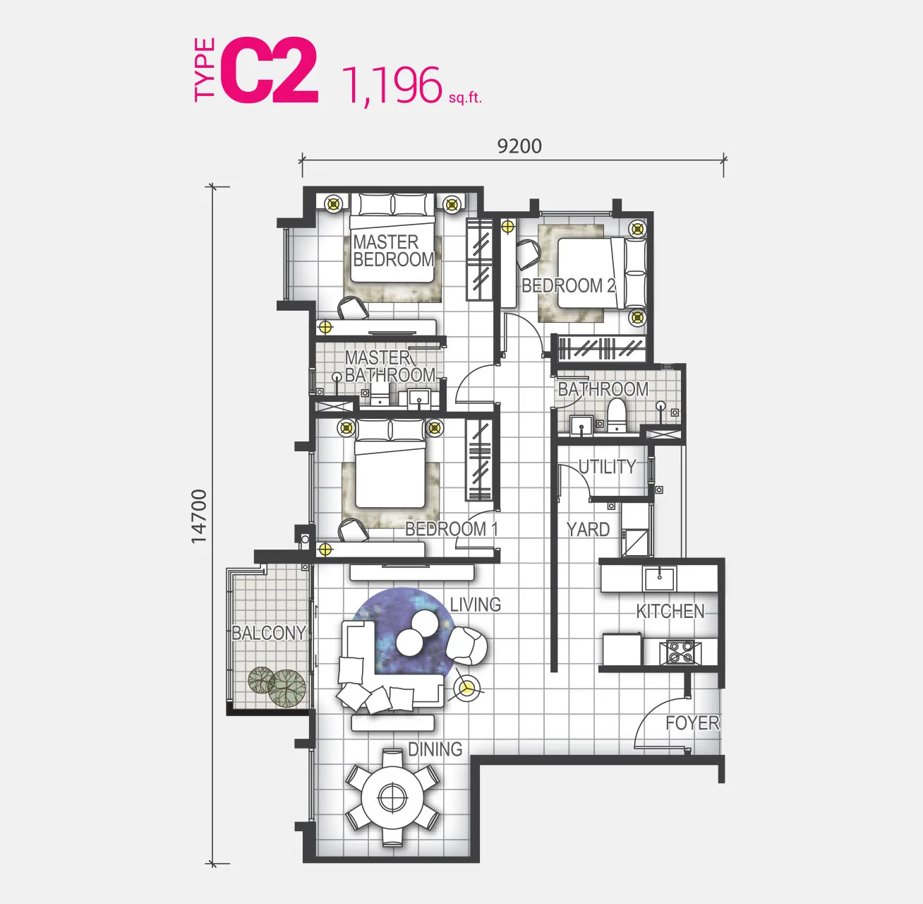 Type C2 floor plan at GEM Residences @ Prai by Belleview Group, Jalan Baru, Prai, Seberang Perai, Penang