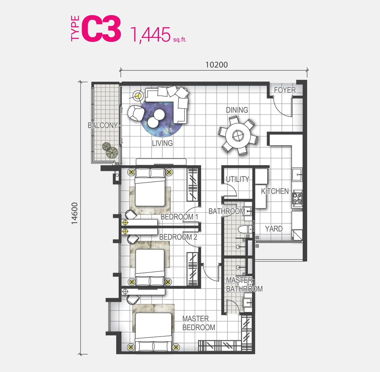 Type C3 floor plan 1445 sq ft at GEM Residences @ Prai by Belleview Group, Jalan Baru, Prai, Seberang Perai, Penang