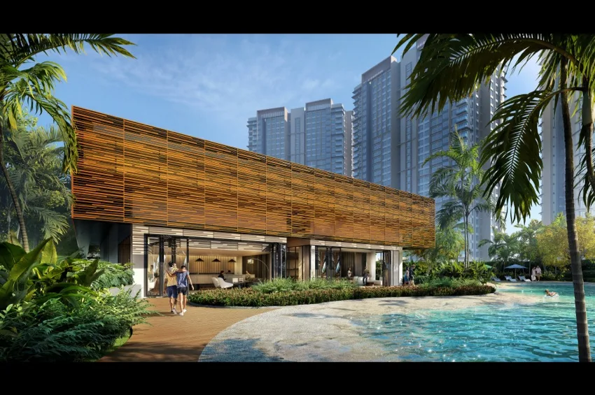 Hillview at Senibong Cove official developer visual of the tower against the Johor Strait, Masai, Johor Bahru