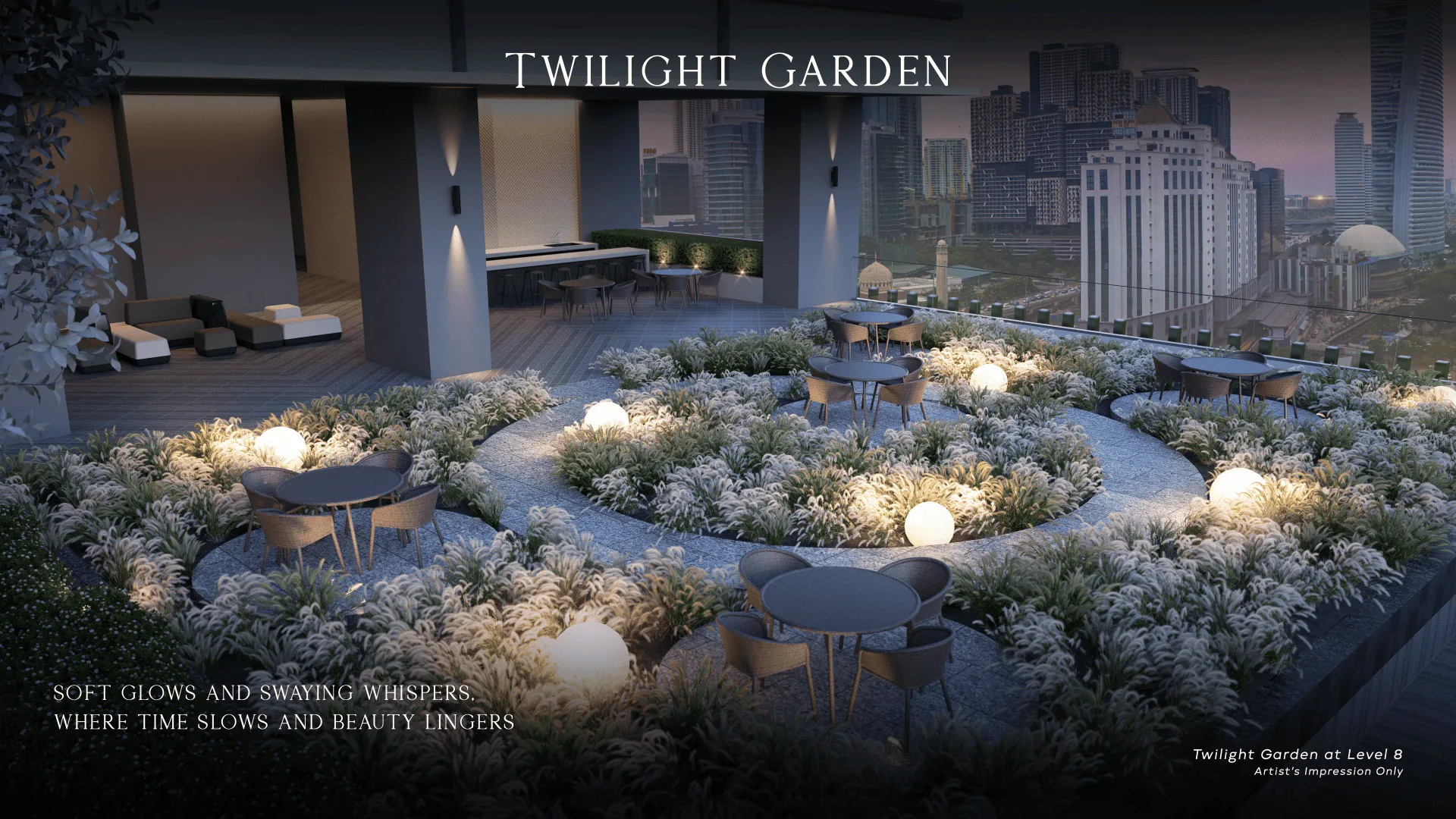 Twilight Garden evening landscape at Khaya Residences @ Bangsar from the developer's Crafted Living gallery, Kuala Lumpur