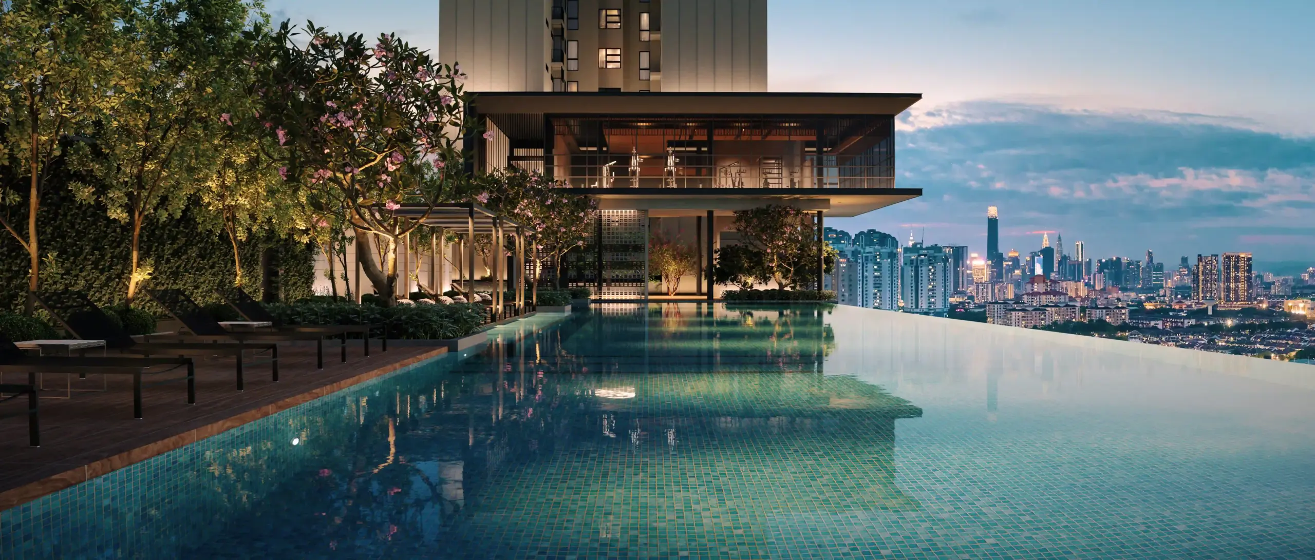 Overall view of the Level 6 pool deck, cabanas and kids pool at Levia Residence, Cheras, Kuala Lumpur