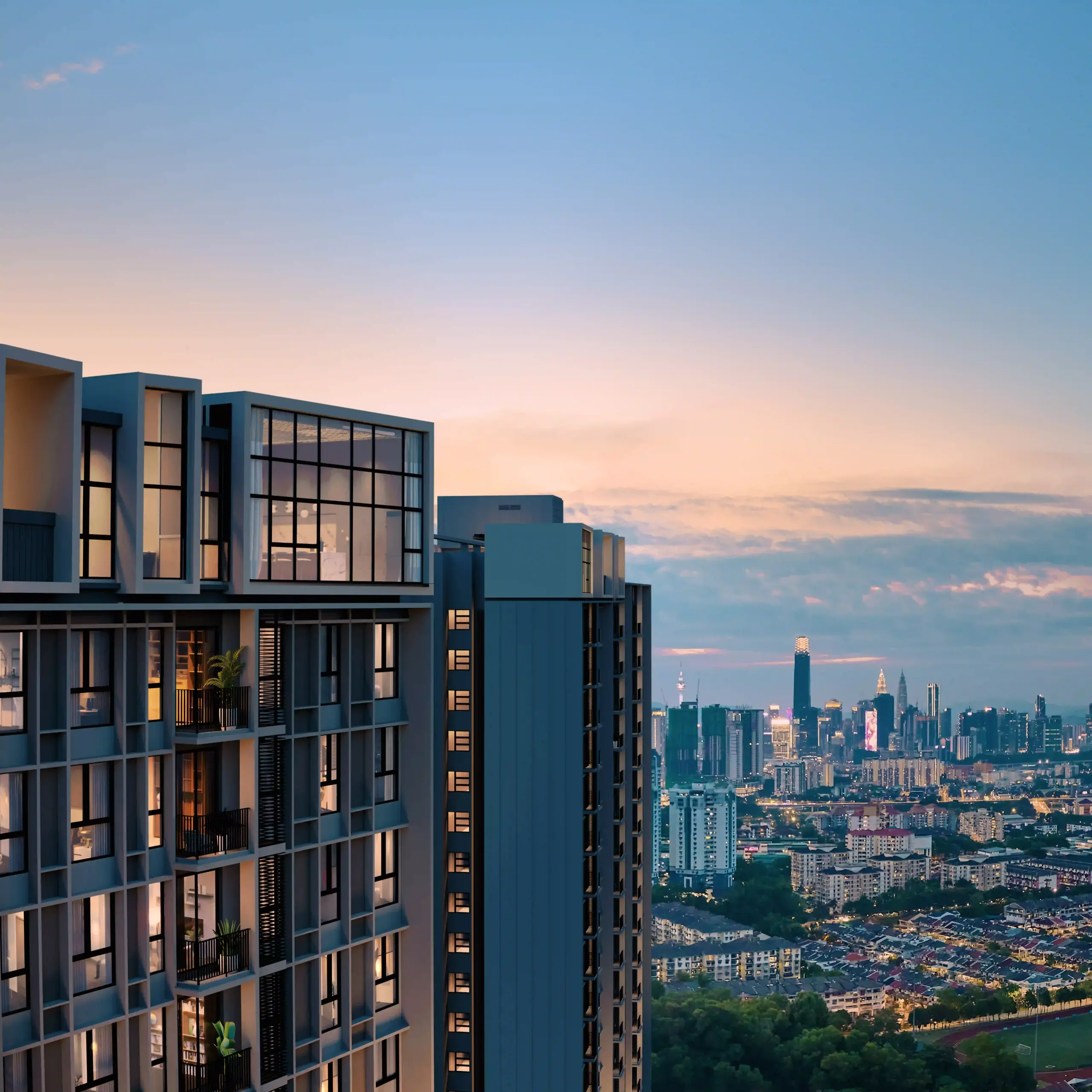 Roof crown and upper facade of a Levia Residence tower, 36 storeys, Pandan Perdana, Cheras, Kuala Lumpur
