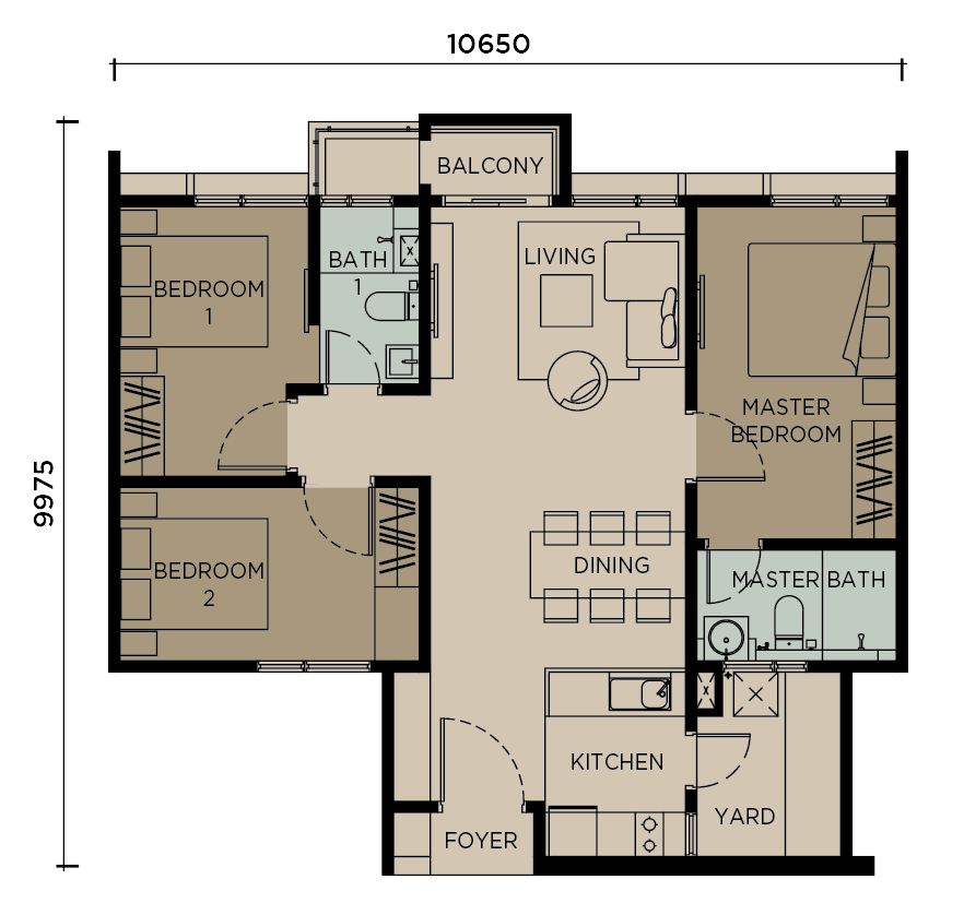 Levia Residence Type B floor plan — 938 sq ft, 3 bedrooms and 2 bathrooms, Cheras, Kuala Lumpur