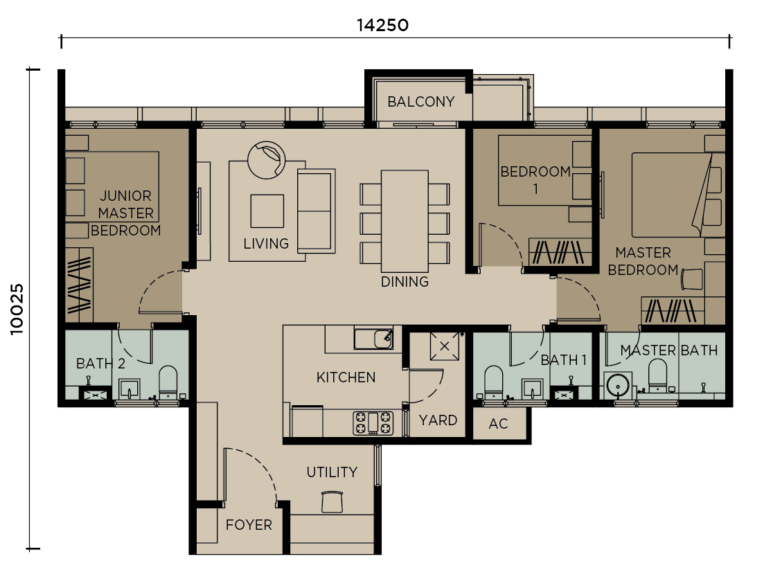 Levia Residence Type C floor plan — 1,109 sq ft, 3+1 bedrooms and 3 bathrooms with dual master suites, Cheras