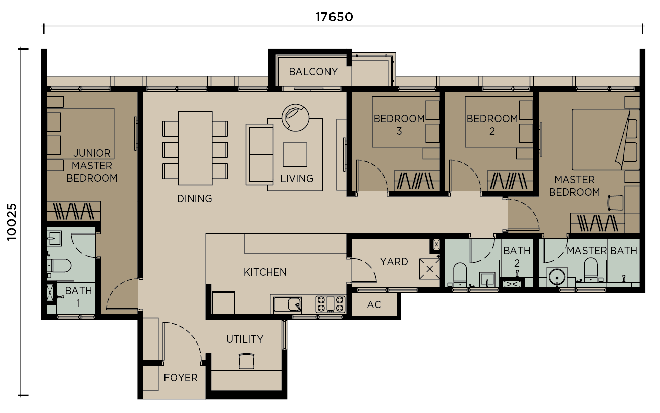 Levia Residence Type D floor plan — 1,364 sq ft, 4+1 bedrooms and 3 bathrooms, the largest layout, Cheras
