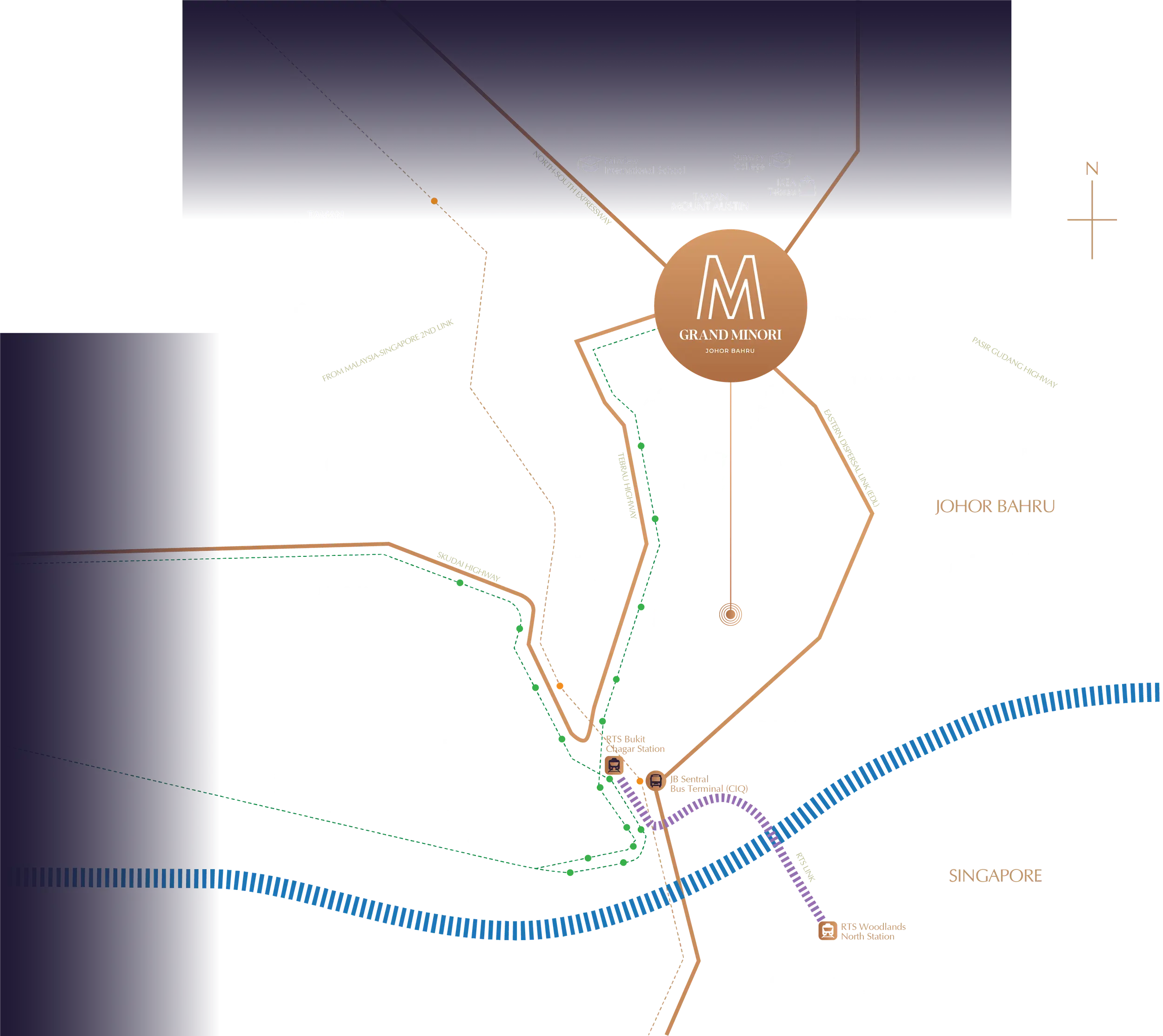 Mah Sing's official location map for M Grand Minori showing distances to the CIQ, RTS Bukit Chagar and Taman Pelangi amenities