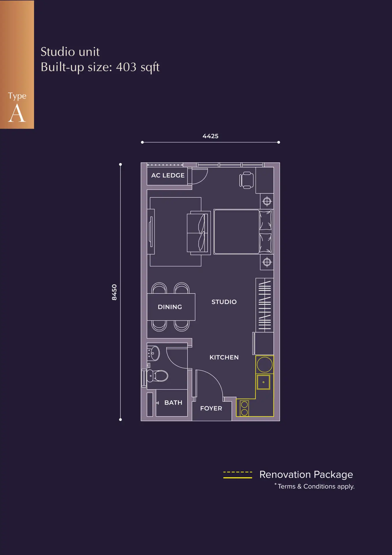 M Grand Minori Type A floor plan — 403 sq ft studio, Taman Pelangi, Johor Bahru