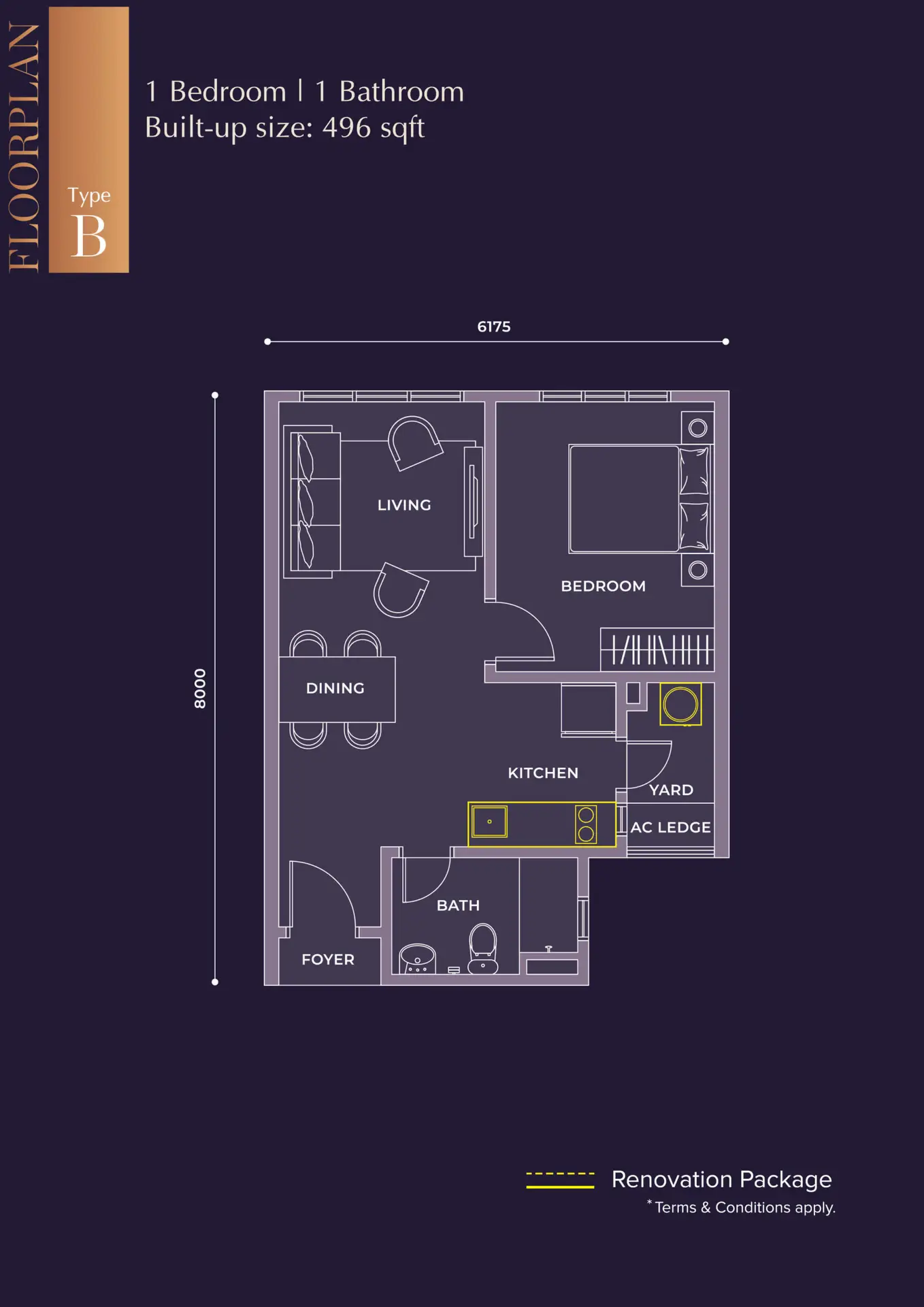 M Grand Minori Type B floor plan — 496 sq ft one-bedroom, Taman Pelangi, Johor Bahru