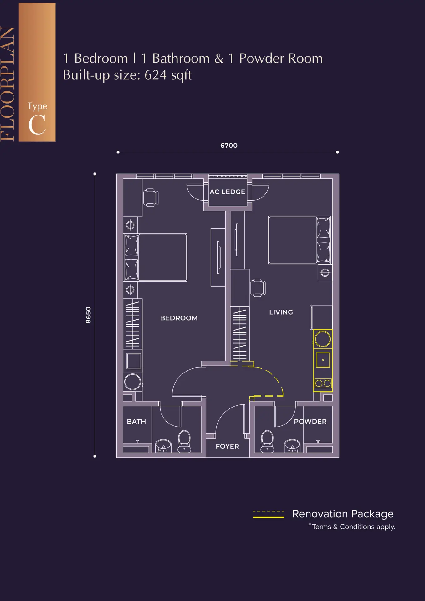 M Grand Minori Type C floor plan — 624 sq ft one-bedroom with powder room, Taman Pelangi