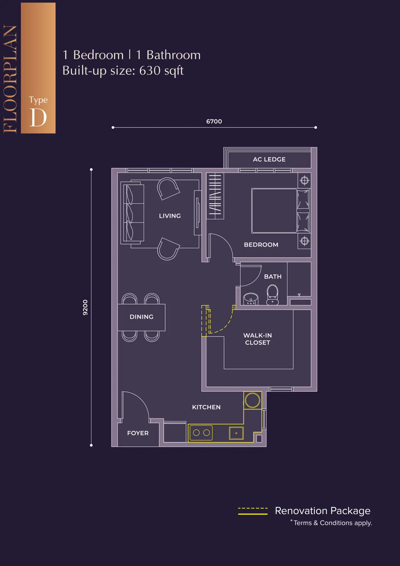 M Grand Minori Type D floor plan — 630 sq ft one-bedroom, Taman Pelangi, Johor Bahru