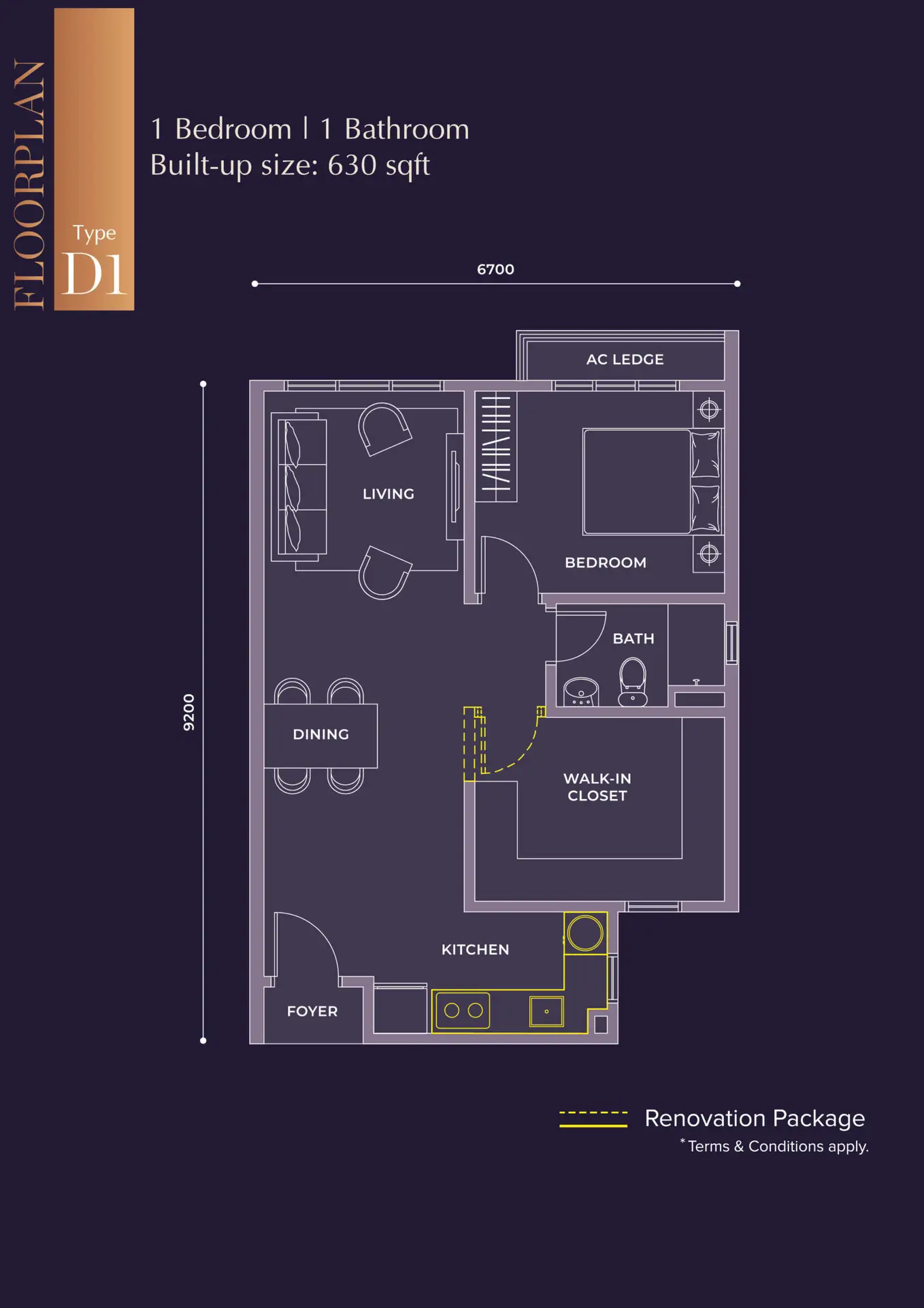 M Grand Minori Type D1 floor plan — 630 sq ft one-bedroom, Taman Pelangi, Johor Bahru