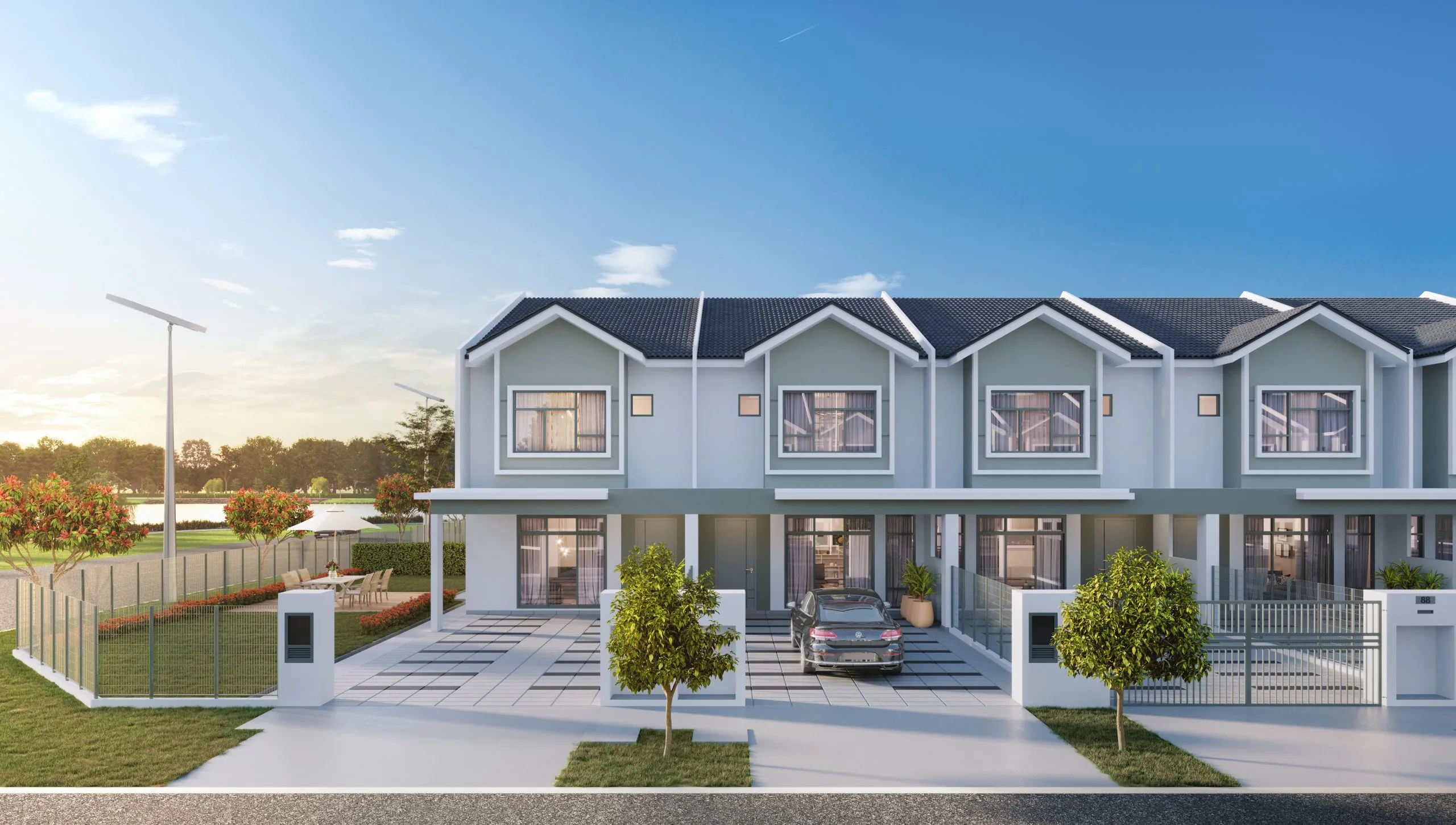 Jasmine 3 at Meridin East — front elevation of the 20ft by 75ft double-storey terrace house, Pasir Gudang, Johor