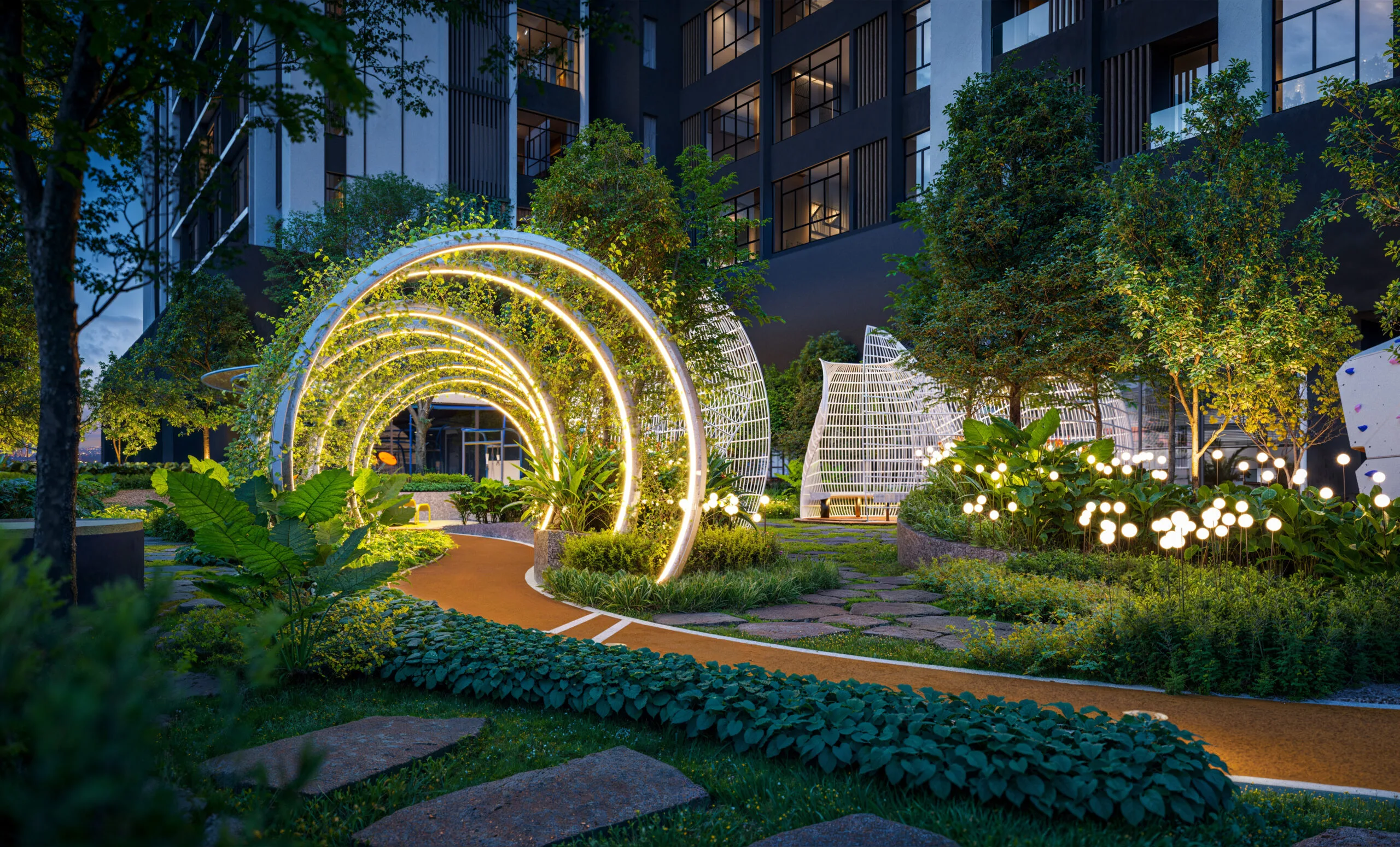 Landscaped jogging path on the facilities deck at Gen Sphere by Majestic Gen, Jalan Lumba Kuda, Johor Bahru