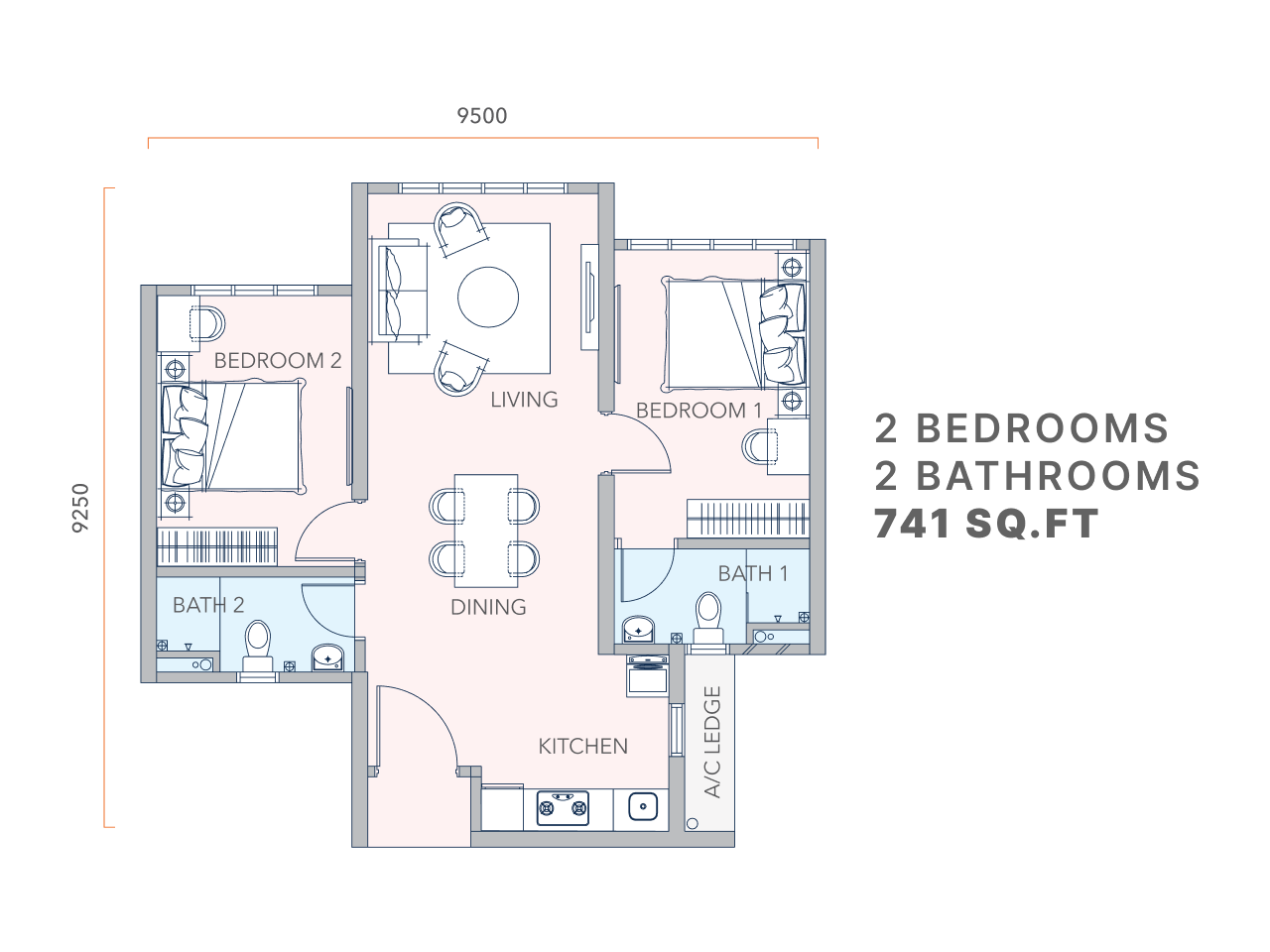 Mandolin Residences Type B floor plan — 741 sq ft two-bedroom two-bathroom layout, Taman Desa Tebrau, Johor Bahru