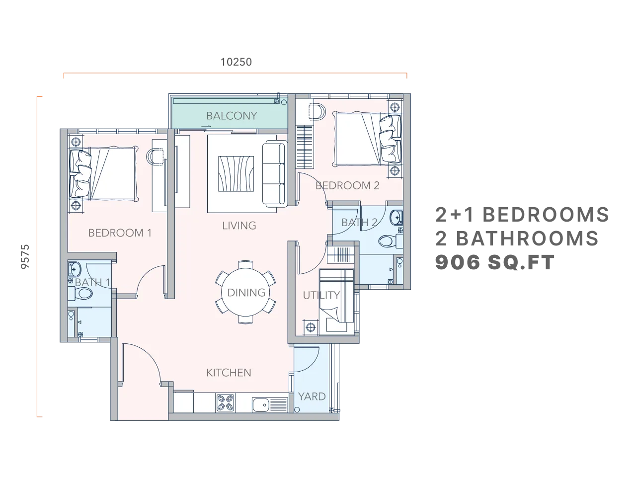 Mandolin Residences Type C1 floor plan — 906 sq ft two-plus-one bedroom layout with utility room, Taman Desa Tebrau, Johor Bahru