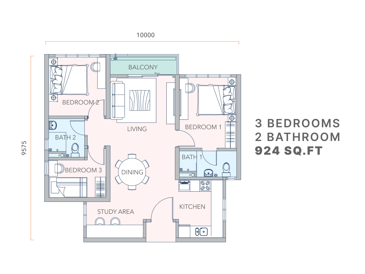 Mandolin Residences Type C2 floor plan — 924 sq ft three-bedroom layout with study area, Taman Desa Tebrau, Johor Bahru