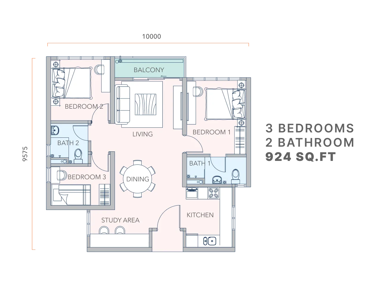 Mandolin Residences C2 型户型图——924 平方尺三房，附书房区