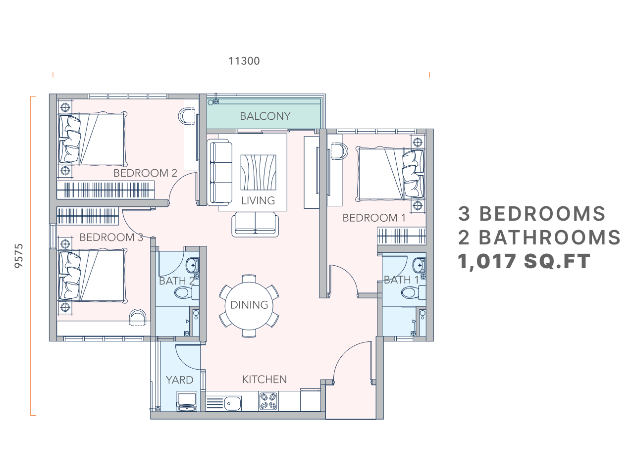 Mandolin Residences Type D floor plan — 1,017 sq ft three-bedroom layout with balcony and yard, Taman Desa Tebrau, Johor Bahru