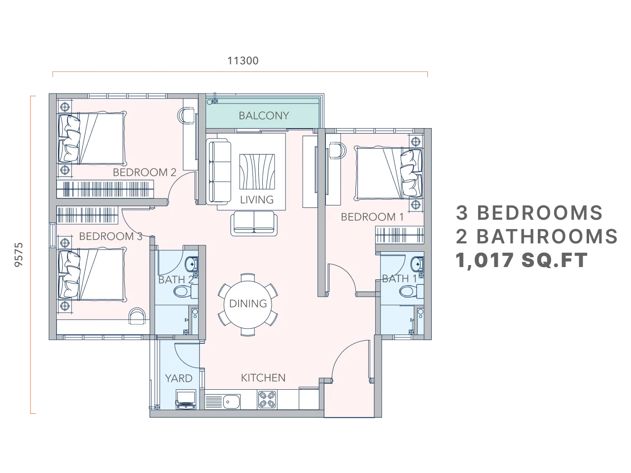 Mandolin Residences D 型户型图——1,017 平方尺三房，附阳台与院子