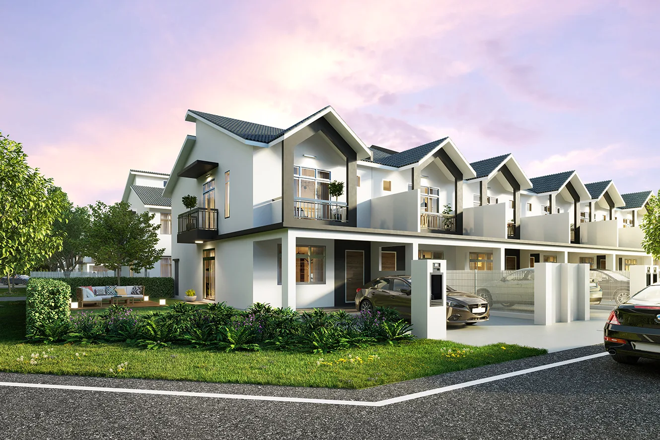 Facade of the earlier Jasmine phases at Meridin East — 20ft by 70ft double-storey terrace, Pasir Gudang