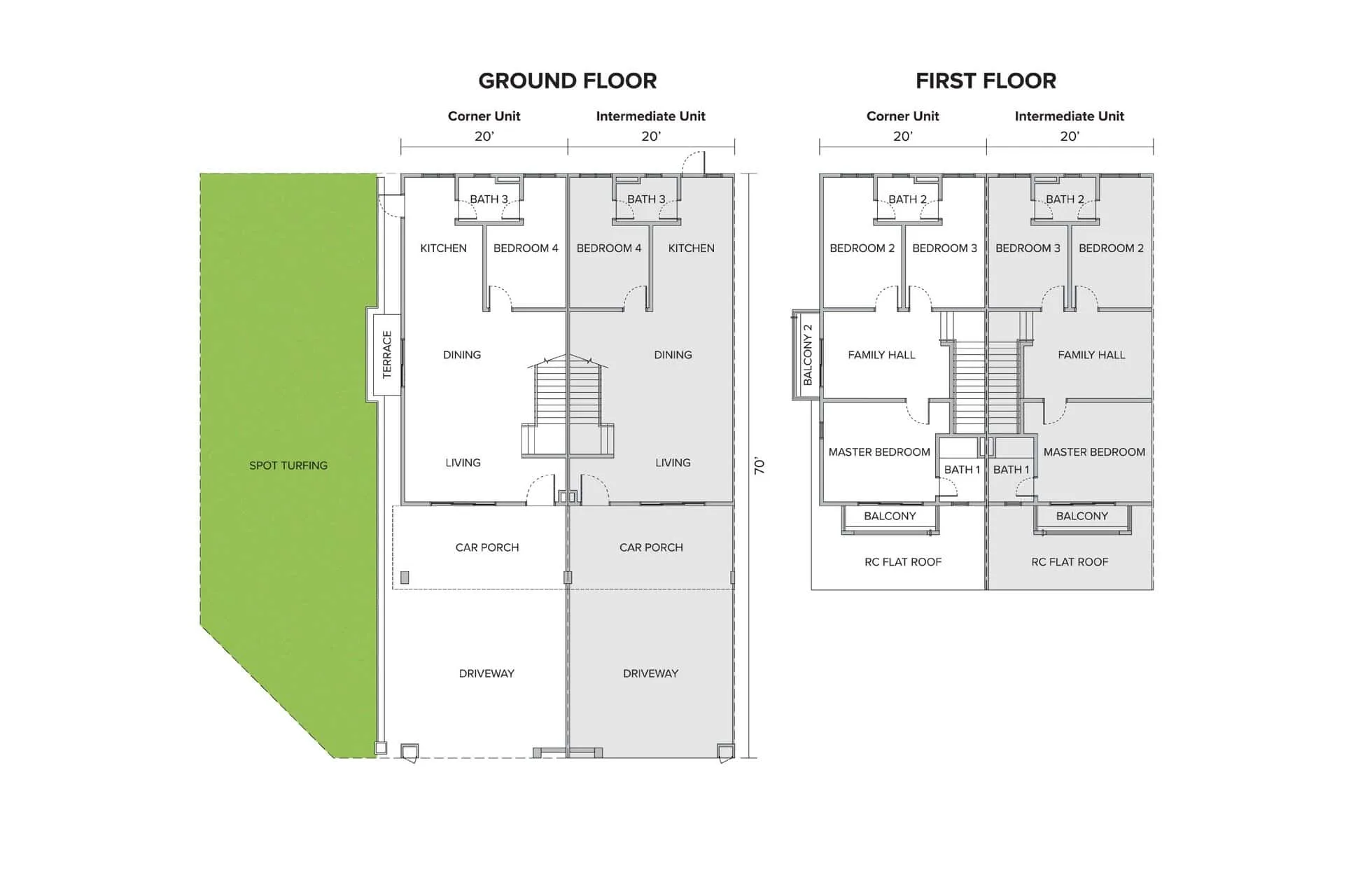 Floor plan of the earlier Jasmine phases at Meridin East — 20ft by 70ft lot, 1,834 sq ft built-up, shown for comparison with Jasmine 3