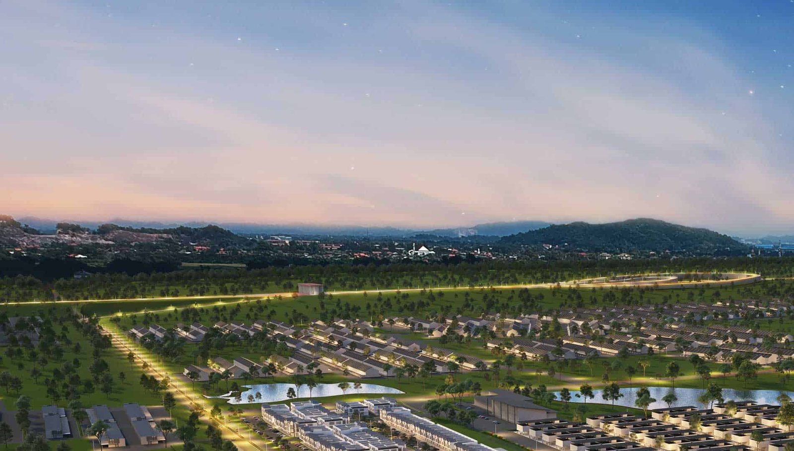 Meridin East master plan showing Jasmine, Allamanda, Erica and Acacia precincts around Mulberry Lake, Pasir Gudang