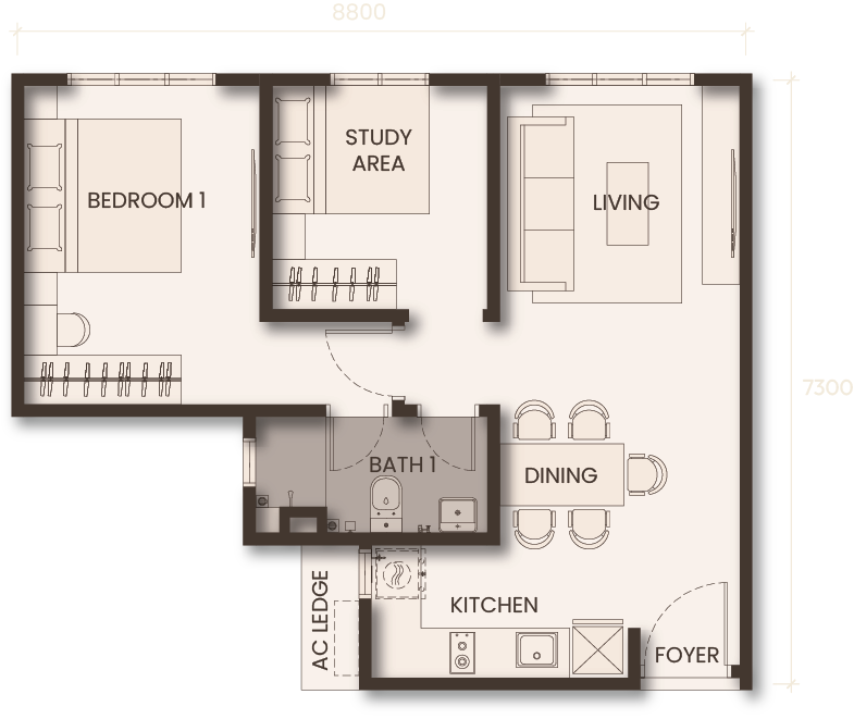 Monterra Johor Bahru Type A floor plan — 579 sq ft one-plus-one bedroom serviced apartment, Jalan Tebrau