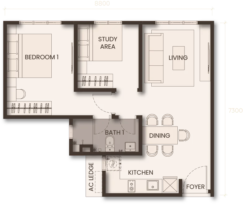 Monterra Johor Bahru Type A floor plan — 579 sq ft one-plus-one bedroom serviced apartment, Jalan Tebrau