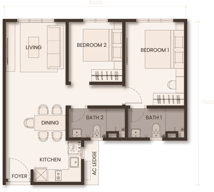 Monterra Johor Bahru Type B floor plan — 649 sq ft two-bedroom serviced apartment, Jalan Tebrau