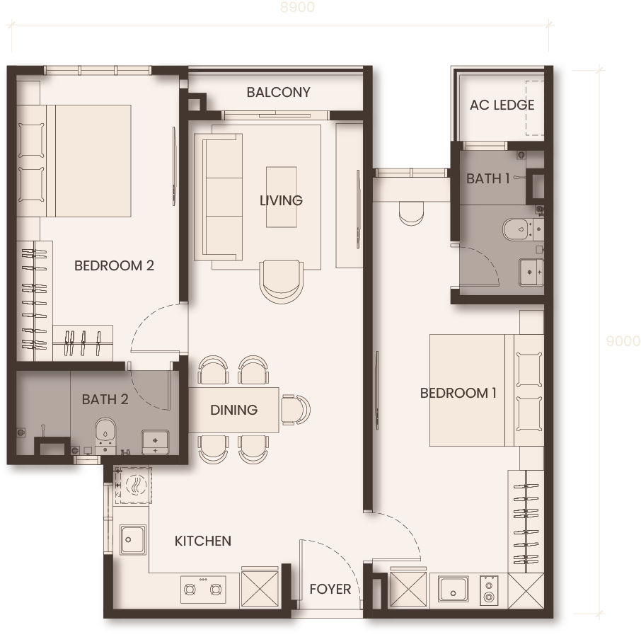 Monterra Johor Bahru Type C floor plan — 792 sq ft two-bedroom dual-key serviced apartment, Jalan Tebrau