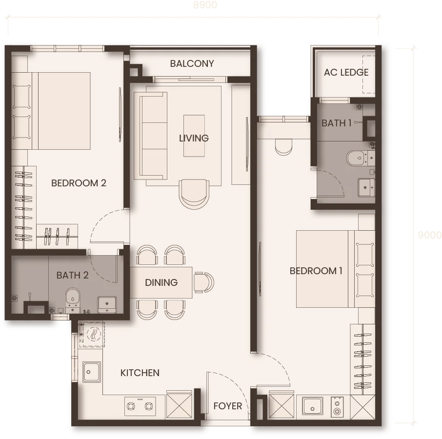 Monterra Johor Bahru Type C floor plan — 792 sq ft two-bedroom dual-key serviced apartment, Jalan Tebrau