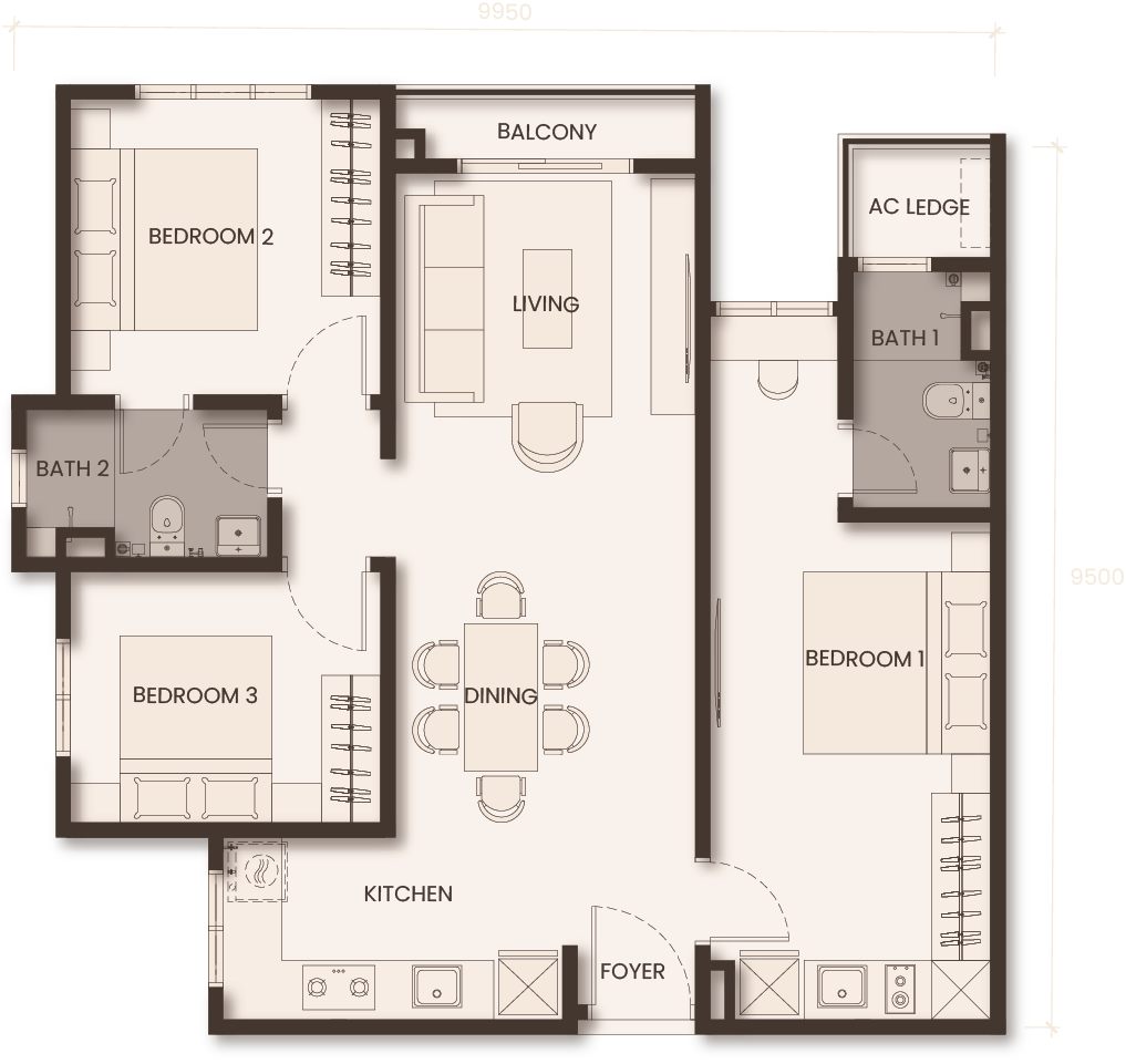 Monterra Johor Bahru Type D floor plan — 903 sq ft three-bedroom dual-key serviced apartment, Jalan Tebrau
