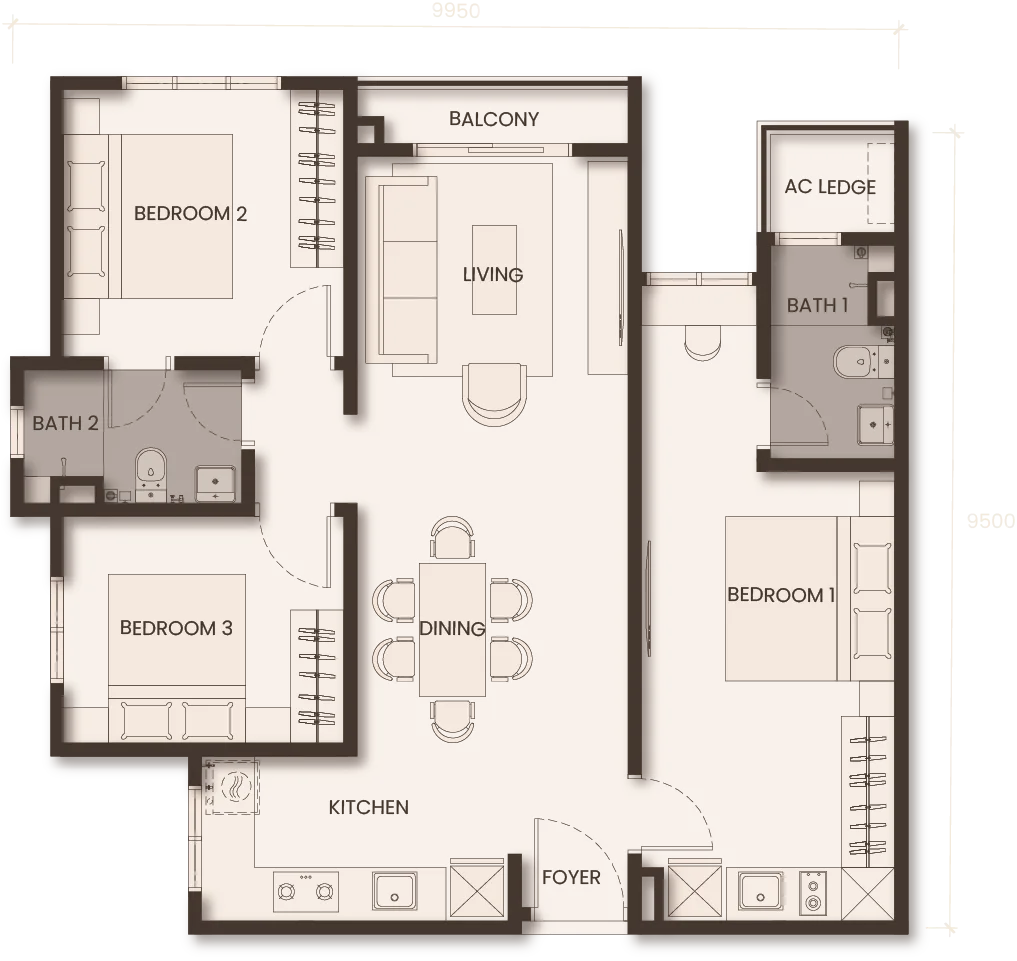 Monterra Johor Bahru Type D floor plan — 903 sq ft three-bedroom dual-key serviced apartment, Jalan Tebrau