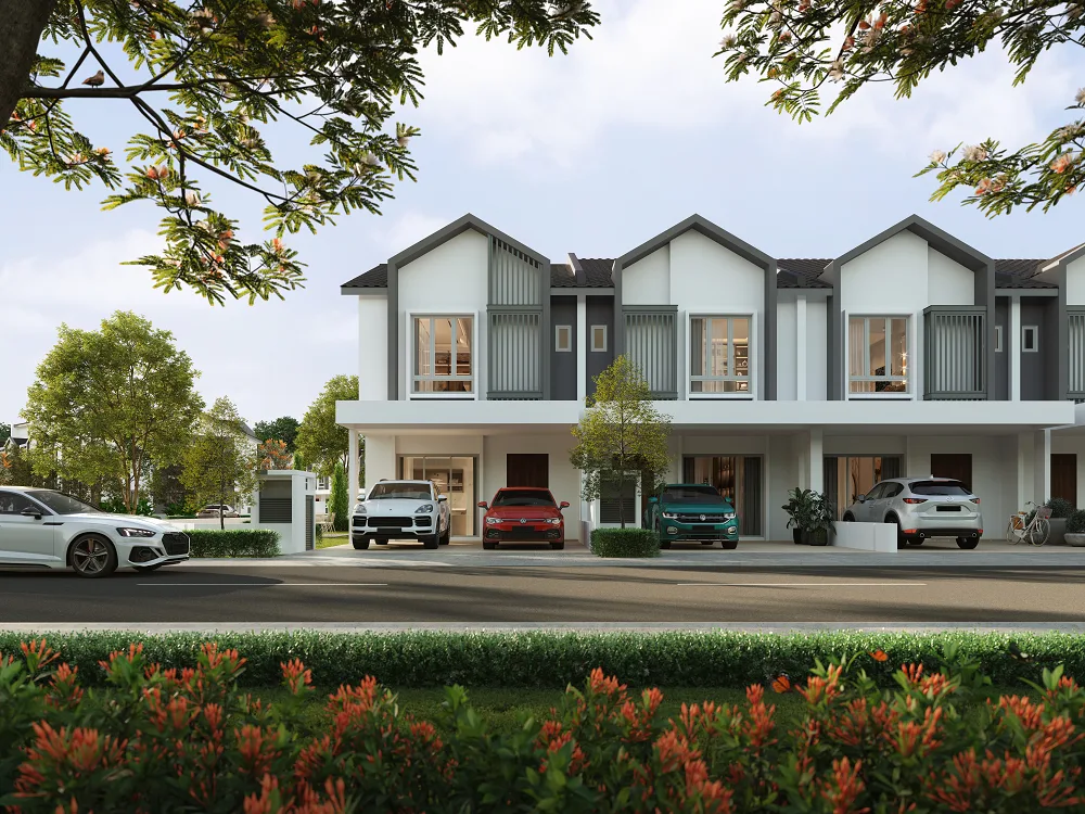Front facade of the two-storey terrace at Murraya @ Tamansari, Rawang by Pinggir Mentari Sdn Bhd (BRDB Developments), Gombak district, Selangor